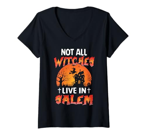 Damen Not All Witches Live In Salem Besen Hexenliebhaber Halloween T-Shirt mit V-Ausschnitt von Witches Live Salem Broomstick Halloween Costume