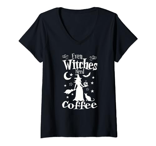 Damen Even Witches Need Coffee, lustiger Kaffeeliebhaber, Halloween T-Shirt mit V-Ausschnitt Damen Even Witches Need Coffee, lustiger Kaffeeliebhaber, Halloween T-Shirt mit V-Ausschnitt von Witches Need Coffee Funny Halloween Coffee Lover T