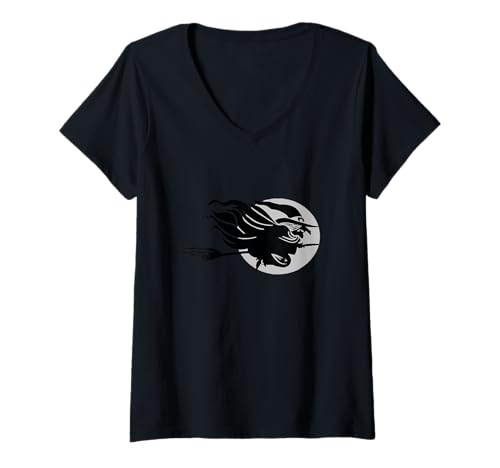 Damen Fliegende Hexe saß rittlings auf einem Besen vor Moon 2 T-Shirt mit V-Ausschnitt Damen Fliegende Hexe saß rittlings auf einem Besen vor Moon 2 T-Shirt mit V-Ausschnitt von Witches On Brooms Gifts & Besoms Tees by taiche