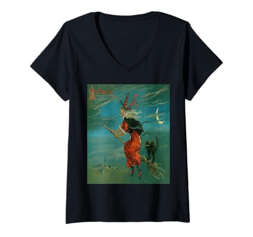 Damen Hexe reitet einen Besom mit Einer schwarzen Katze Vintage Vektor T-Shirt mit V-Ausschnitt Damen Hexe reitet einen Besom mit Einer schwarzen Katze Vintage Vektor T-Shirt mit V-Ausschnitt von Witches On Brooms Gifts & Besoms Tees by taiche