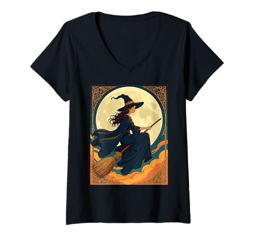 Damen Junge Hexe Sat Astride A Besom Jugendstil Illustration T-Shirt mit V-Ausschnitt Damen Junge Hexe Sat Astride A Besom Jugendstil Illustration T-Shirt mit V-Ausschnitt von Witches On Brooms Gifts & Besoms Tees by taiche