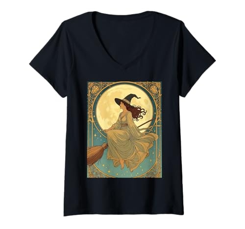 Damen Stilisierte und dekorative Hexe im Jugendstil T-Shirt mit V-Ausschnitt Damen Stilisierte und dekorative Hexe im Jugendstil T-Shirt mit V-Ausschnitt von Witches On Brooms Gifts & Besoms Tees by taiche