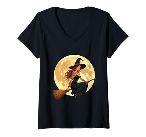Damen Tätowierte Hexe Sat Astride EIN Besom Vektorgrafik T-Shirt mit V-Ausschnitt Damen Tätowierte Hexe Sat Astride EIN Besom Vektorgrafik T-Shirt mit V-Ausschnitt von Witches On Brooms Gifts & Besoms Tees by taiche