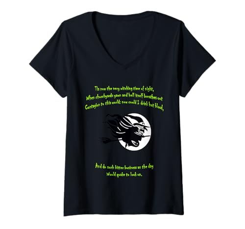 Damen Tis Now The Witching Time of Night Shakespeare-Zitat, Grün T-Shirt mit V-Ausschnitt Damen Tis Now The Witching Time of Night Shakespeare-Zitat, Grün T-Shirt mit V-Ausschnitt von Witches On Brooms Gifts & Besoms Tees by taiche