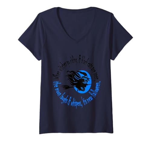 Damen Wenn Hexen in der Nähe von Halloween reiten, Blauer Text T-Shirt mit V-Ausschnitt Damen Wenn Hexen in der Nähe von Halloween reiten, Blauer Text T-Shirt mit V-Ausschnitt von Witches On Brooms Gifts & Besoms Tees by taiche