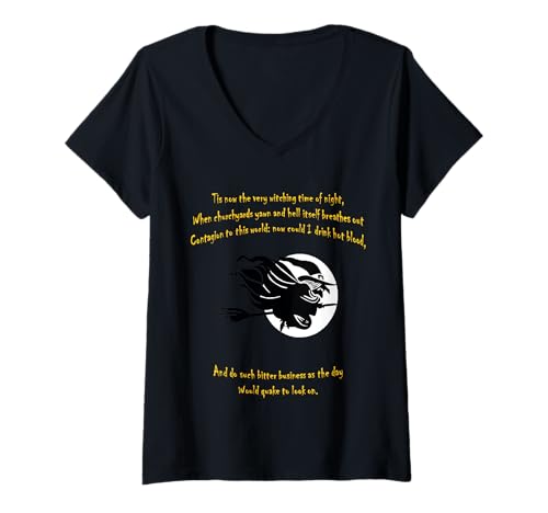 Damen Zitat Tis Now The Witching Time of Night, Shakespeare-Zitat, Gelb T-Shirt mit V-Ausschnitt Damen Zitat Tis Now The Witching Time of Night, Shakespeare-Zitat, Gelb T-Shirt mit V-Ausschnitt von Witches On Brooms Gifts & Besoms Tees by taiche