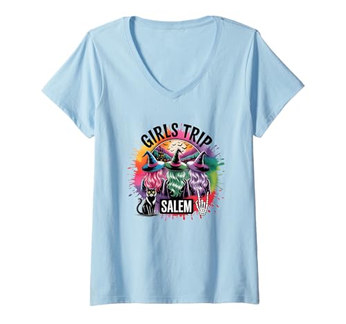 Damen Girls Trip Salem Drei Hexen Katze Skelett T-Shirt mit V-Ausschnitt Damen Girls Trip Salem Drei Hexen Katze Skelett T-Shirt mit V-Ausschnitt von Witchy Adventures Salem Getaway Graphics