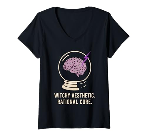 Damen Weltliche Hexe, ironischer Kristall, skeptische Mondphasen, Keine Zaubersprüche T-Shirt mit V-Ausschnitt von Witchy Aesthetic Non Believer Crystal Skeptic Woo