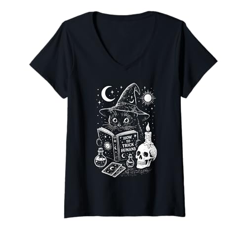 Damen Mystische Hexe Katze Tarot Hexerei Wicca Gothic T-Shirt mit V-Ausschnitt Damen Mystische Hexe Katze Tarot Hexerei Wicca Gothic T-Shirt mit V-Ausschnitt von Witchy Cat Occult Tarot Reading Goth Paganism
