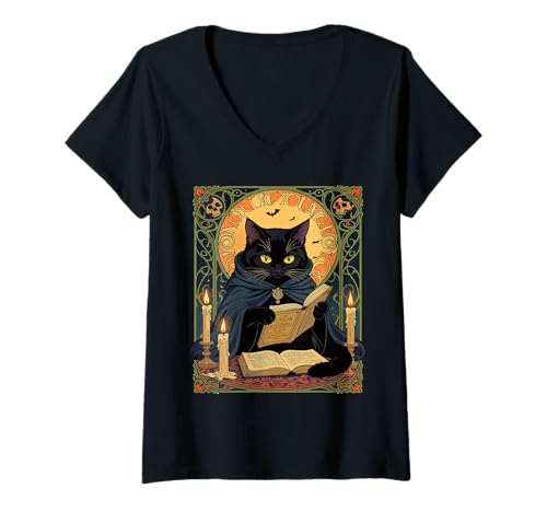 Damen Schwarze Katze liest EIN Buch mit Sonnenwendzaubern T-Shirt mit V-Ausschnitt Damen Schwarze Katze liest EIN Buch mit Sonnenwendzaubern T-Shirt mit V-Ausschnitt von Witchy Cats With Magical Books Tees & Gifts taiche