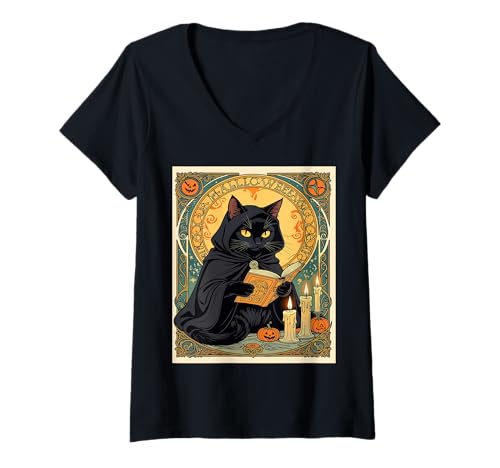 Damen Schwarze Katze liest das Jack o Lantern Journal T-Shirt mit V-Ausschnitt von Witchy Cats With Magical Books Tees & Gifts taiche