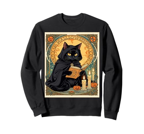 Schwarze Katze liest das Jack o Lantern Journal Sweatshirt von Witchy Cats With Magical Books Tees & Gifts taiche