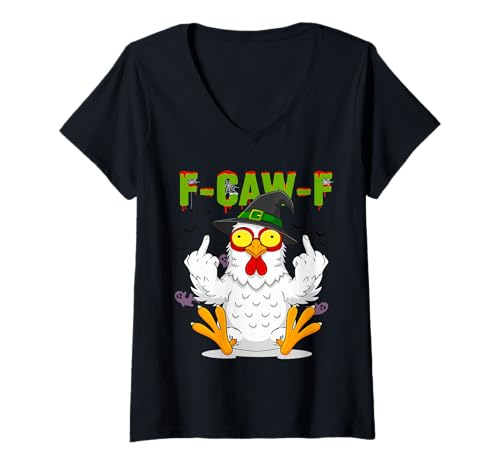 Damen FCawF Huhn Hexenhaft Halloween Gruselig Erwachsener Humor T-Shirt mit V-Ausschnitt Damen FCawF Huhn Hexenhaft Halloween Gruselig Erwachsener Humor T-Shirt mit V-Ausschnitt von Witchy Chicken F-Caw-F Humor Apparel