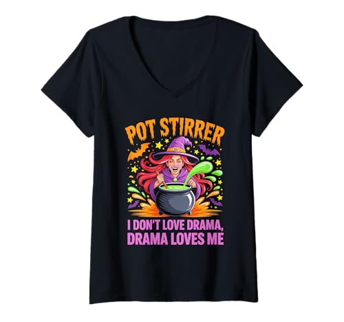 Damen Pot Stirrer Lustiges Hexenkochdrama, Halloween-Meme, Humor T-Shirt mit V-Ausschnitt von Witchy Drama Brew Tees