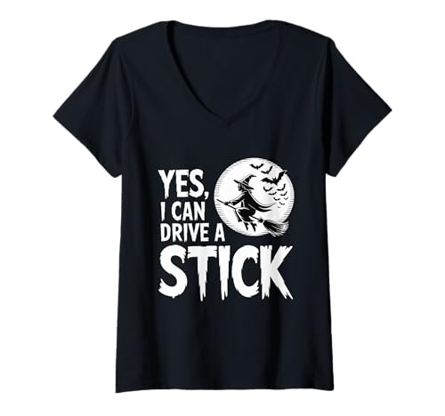 Damen Yes I Can Drive A Stick Halloween Witch Gruselbesen T-Shirt mit V-Ausschnitt Damen Yes I Can Drive A Stick Halloween Witch Gruselbesen T-Shirt mit V-Ausschnitt von Witchy Driving Broomstick Halloween Lovers Apparel