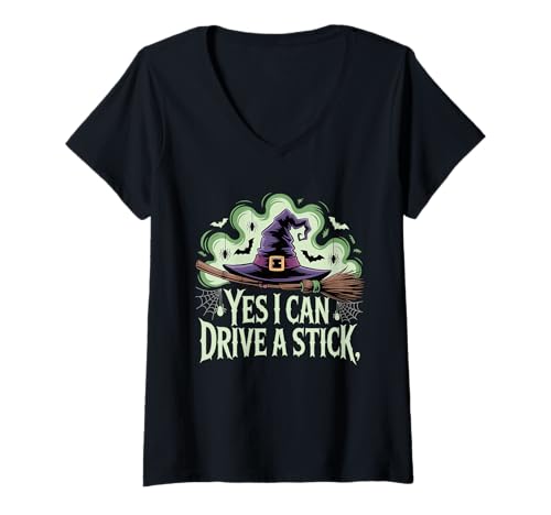 Damen Yes I Can Drive A Stick Halloween Witch Gruselbesen T-Shirt mit V-Ausschnitt Damen Yes I Can Drive A Stick Halloween Witch Gruselbesen T-Shirt mit V-Ausschnitt von Witchy Driving Broomstick Halloween Lovers Apparel