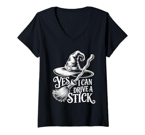 Damen Yes I Can Drive A Stick Halloween Witch Gruselbesen T-Shirt mit V-Ausschnitt Damen Yes I Can Drive A Stick Halloween Witch Gruselbesen T-Shirt mit V-Ausschnitt von Witchy Driving Broomstick Halloween Lovers Apparel