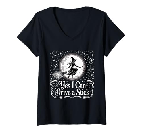Damen Yes I Can Drive A Stick Halloween Witch Gruselbesen T-Shirt mit V-Ausschnitt Damen Yes I Can Drive A Stick Halloween Witch Gruselbesen T-Shirt mit V-Ausschnitt von Witchy Driving Broomstick Halloween Lovers Apparel