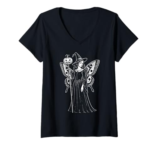 Damen Motten-Schmetterlings-Flügel, Hexe, Gothic, Halloween, Süßes oder Saures T-Shirt mit V-Ausschnitt Damen Motten-Schmetterlings-Flügel, Hexe, Gothic, Halloween, Süßes oder Saures T-Shirt mit V-Ausschnitt von Witchy Fairycore Witchy Fairy Wicca Design