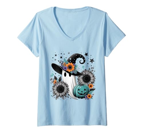 Damen Hexengeist mit Sonnenblumen Motiv T-Shirt mit V-Ausschnitt Damen Hexengeist mit Sonnenblumen Motiv T-Shirt mit V-Ausschnitt von Witchy Ghost Halloween
