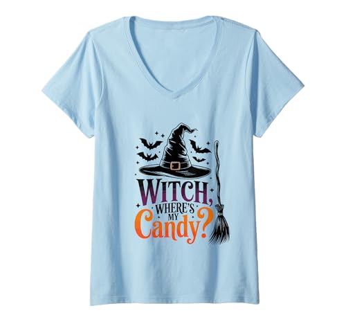 Damen Lustige Halloween-Hexe Where is My Candy T-Shirt mit V-Ausschnitt Damen Lustige Halloween-Hexe Where is My Candy T-Shirt mit V-Ausschnitt von Witchy Halloween Attitude