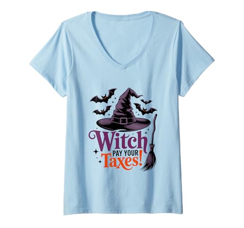 Damen Lustige Halloween-Hexe bezahlen Sie Ihre Steuern T-Shirt mit V-Ausschnitt Damen Lustige Halloween-Hexe bezahlen Sie Ihre Steuern T-Shirt mit V-Ausschnitt von Witchy Halloween Attitude