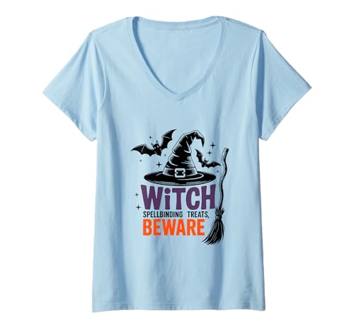 Damen Lustige Hexe Halloween Spellbinding Treats Warnung T-Shirt mit V-Ausschnitt Damen Lustige Hexe Halloween Spellbinding Treats Warnung T-Shirt mit V-Ausschnitt von Witchy Halloween Attitude