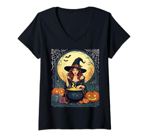 Damen Skurrile Bezaubernde Hexe mit Spinnen und Jack Olanterns T-Shirt mit V-Ausschnitt Damen Skurrile Bezaubernde Hexe mit Spinnen und Jack Olanterns T-Shirt mit V-Ausschnitt von Witchy Halloween Gifts & Spider Tees by taiche