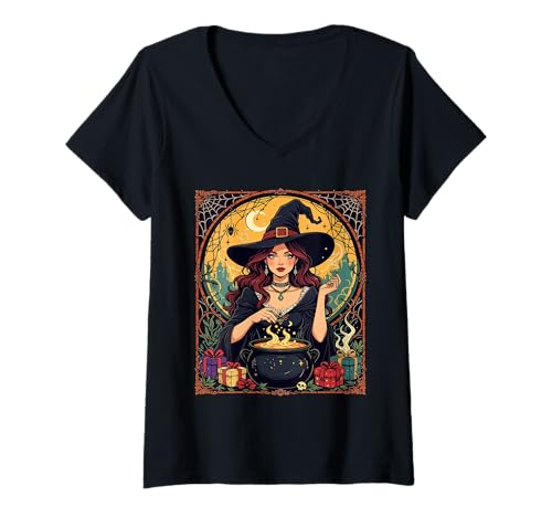 Damen Skurrile Bezaubernde Hexe mit Spinnen und Kessel T-Shirt mit V-Ausschnitt von Witchy Halloween Gifts & Spider Tees by taiche