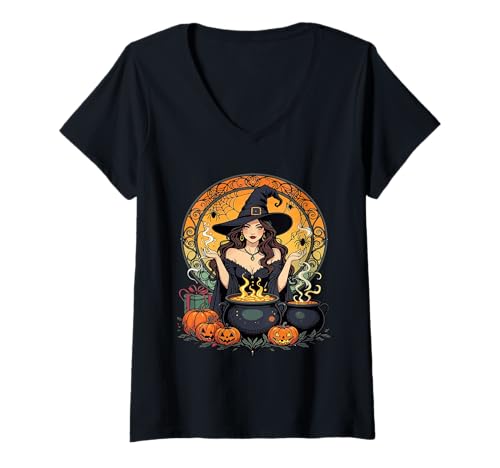 Damen Skurrile Bezaubernde Hexe mit Spinnen und Kochtopf T-Shirt mit V-Ausschnitt von Witchy Halloween Gifts & Spider Tees by taiche