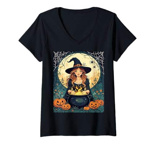 Damen Skurrile Bezaubernde Hexe mit Spinnen und rundem Topf T-Shirt mit V-Ausschnitt von Witchy Halloween Gifts & Spider Tees by taiche