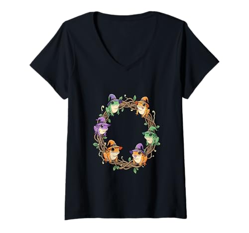 Damen Skurrile Kranzbordüre verziert mit Hexenkröten T-Shirt mit V-Ausschnitt Damen Skurrile Kranzbordüre verziert mit Hexenkröten T-Shirt mit V-Ausschnitt von Witchy Halloween Gifts & Toadstool Tees by taiche
