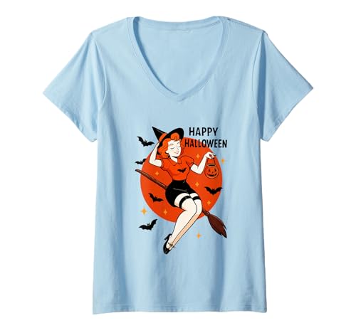 Damen Fröhliche Halloween-Hexenbesenfahrt T-Shirt mit V-Ausschnitt Damen Fröhliche Halloween-Hexenbesenfahrt T-Shirt mit V-Ausschnitt von Witchy Halloween Night Vibes