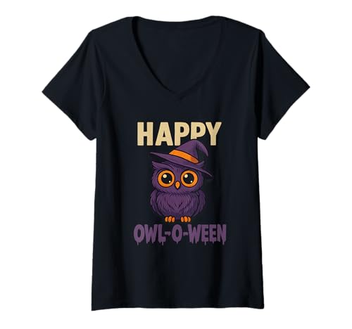 Damen Happy Owl-O-Ween Niedliche Eule Hexenhut Halloween Design T-Shirt mit V-Ausschnitt Damen Happy Owl-O-Ween Niedliche Eule Hexenhut Halloween Design T-Shirt mit V-Ausschnitt von Witchy Owl Apparel