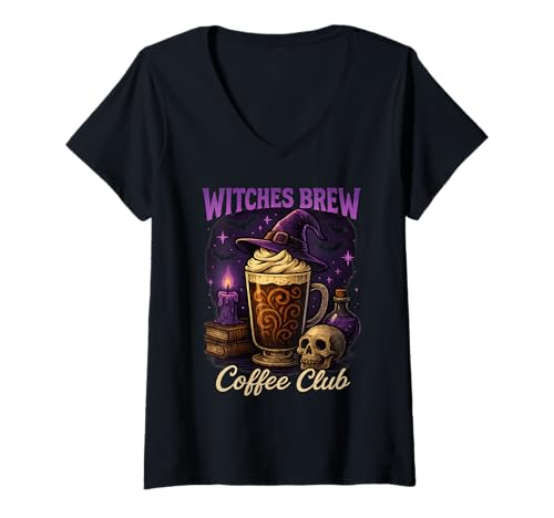 Damen Witches Brew Coffee Club Halloween Hexenhut Latte-Design T-Shirt mit V-Ausschnitt Damen Witches Brew Coffee Club Halloween Hexenhut Latte-Design T-Shirt mit V-Ausschnitt von Witchy Roast Apparel