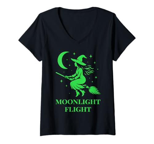 Damen Fliegende Hexe mit Mond Moonlight Flight Motiv Witchcore T-Shirt mit V-Ausschnitt Damen Fliegende Hexe mit Mond Moonlight Flight Motiv Witchcore T-Shirt mit V-Ausschnitt von Witchy Vibes by Christine-Krahl