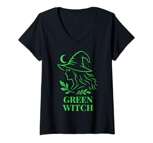 Damen Green Witch Pagan Motiv Naturverbundene Hexe mit Mondsichel T-Shirt mit V-Ausschnitt Damen Green Witch Pagan Motiv Naturverbundene Hexe mit Mondsichel T-Shirt mit V-Ausschnitt von Witchy Vibes by Christine-Krahl