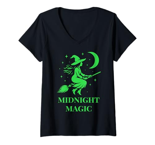 Damen Hexe mit Besen und Mond - Midnight Magic Witch - Grüne Hexe T-Shirt mit V-Ausschnitt Damen Hexe mit Besen und Mond - Midnight Magic Witch - Grüne Hexe T-Shirt mit V-Ausschnitt von Witchy Vibes by Christine-Krahl