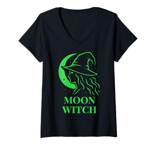 Damen Mondhexe Profil Silhouette Pagan Witchcore Motiv Moon Witch T-Shirt mit V-Ausschnitt Damen Mondhexe Profil Silhouette Pagan Witchcore Motiv Moon Witch T-Shirt mit V-Ausschnitt von Witchy Vibes by Christine-Krahl