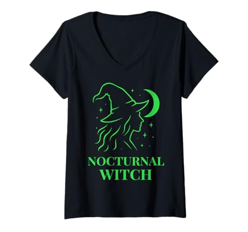 Damen Nocturnal Witch Hexen im Profil mit Mondsichel Witchcore T-Shirt mit V-Ausschnitt Damen Nocturnal Witch Hexen im Profil mit Mondsichel Witchcore T-Shirt mit V-Ausschnitt von Witchy Vibes by Christine-Krahl