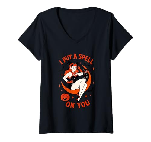 Damen Ich verzaubere Dich Retro-Hexe T-Shirt mit V-Ausschnitt Damen Ich verzaubere Dich Retro-Hexe T-Shirt mit V-Ausschnitt von Witchy Vintage Halloween Vibes