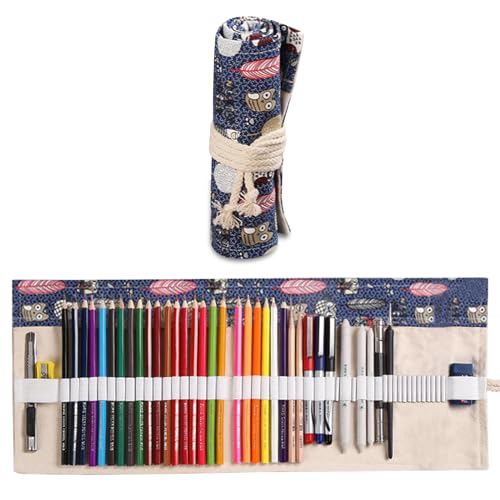 WithFlying 48Stifte Leinwand Pencil Wrap Roll up Löcher Verpackungshalter Wrap Kasten Stifterolle Buntstifte Bleistift Wrap Bleistifthalter (Blau) von WithFlying