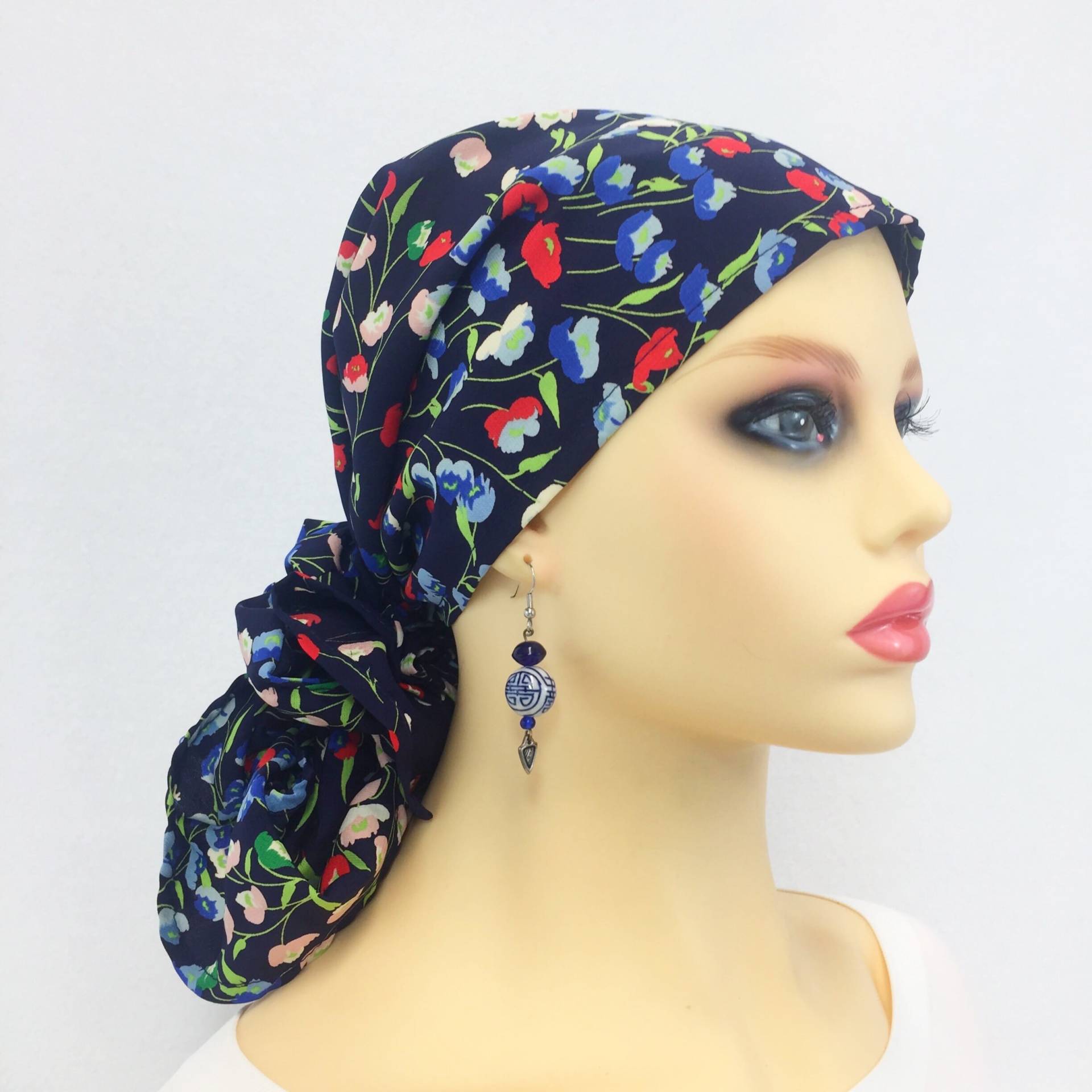 Pre Gebunden Chemo Kopftuch ~ Frauen Krebs Kopfschmuck Turban Geschenk Navy Tulip Crepe Verstellbarer Knebel Tragen Sie Lang Oder Kurz # 345 von WithLoveLana