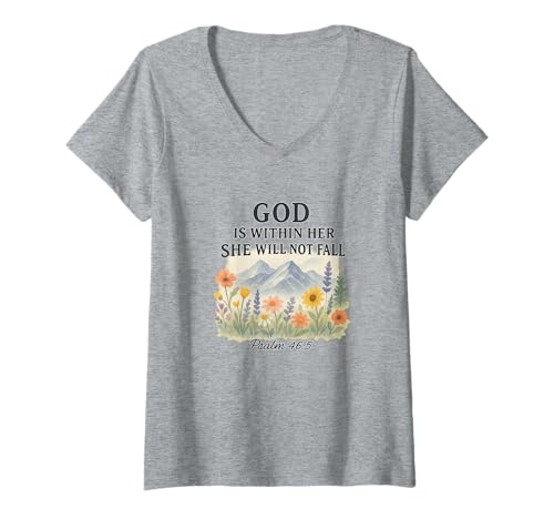 Damen God is Within Her She Will Not Fall Psalm 46:5 Watercolor T-Shirt mit V-Ausschnitt Damen God is Within Her She Will Not Fall Psalm 46:5 Watercolor T-Shirt mit V-Ausschnitt von Within Her Faith Co.