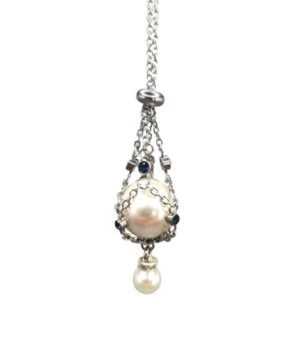 WitmAn Perlen- und Edelstein-Lavalier-Anhänger, natürliche Perlen-Metall-geflochtene Netz-Halskette, verstellbare Metall-geflochtene Netz-Kristall-Ständer-Halskette (blue) von WitmAn