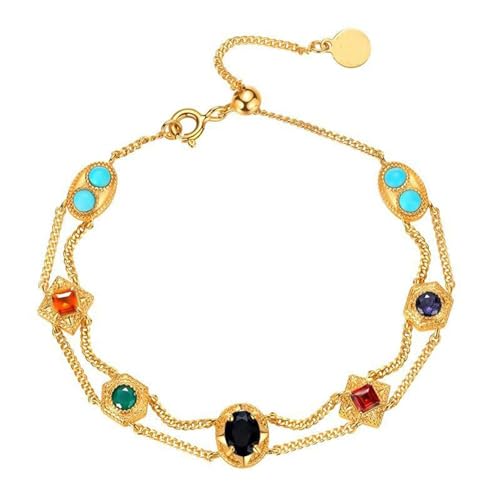 WitmAn Verstellbares, doppelt vergoldetes Armband mit siebenfarbigem Zirkon, Halsketten-Set – 24 Karat vergoldete ovale Schlüsselbein-Halskette im Mid-Century-Vintage-Stil (Bracelet/14-15 cm) von WitmAn