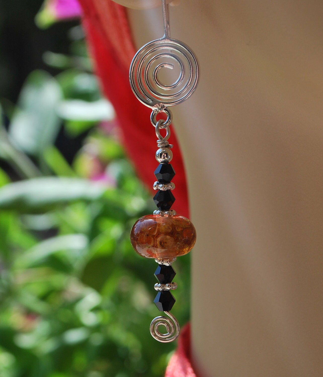 Lampwork Ohrringe, Ohrringe Silber Spiralförmig, Orange Und Schwarz-Ohrringe, Srajd Lampwork Ohrringe, Ohrringe Silber Spiralförmig, Orange Und Schwarz-Ohrringe, Srajd von WitsEndMagick