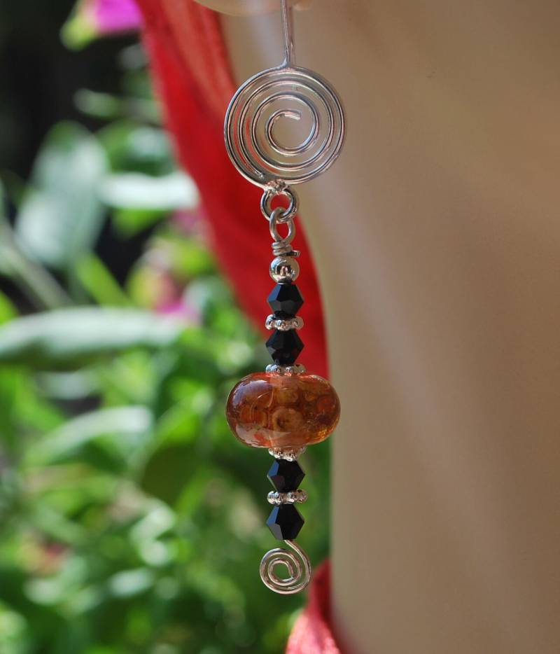 Lampwork Ohrringe, Ohrringe Silber Spiralförmig, Orange Und Schwarz-Ohrringe, Srajd Lampwork Ohrringe, Ohrringe Silber Spiralförmig, Orange Und Schwarz-Ohrringe, Srajd von WitsEndMagick
