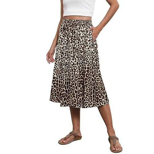 Witsmile Flowy Rock Midi-Länge Elastische Hohe Taille A-Linie Rock mit Taschen Böhmen für Frauen 2023 Trendy(S-2XL), B 05-Leoparden-Aprikose, Klein von Witsmile