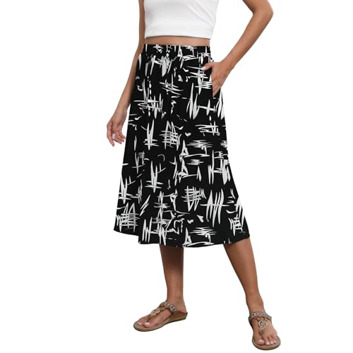 Witsmile Flowy Rock Midi-Länge Elastische Hohe Taille A-Linie Rock mit Taschen Böhmen für Frauen 2023 Trendy(S-2XL), B 07-weiß Flo-schwarz, Groß von Witsmile